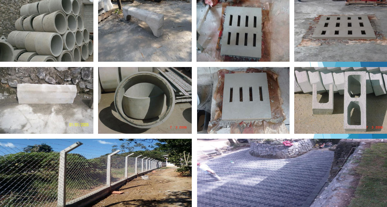 Artefatos de concreto diversos expostos em pátio de fábrica